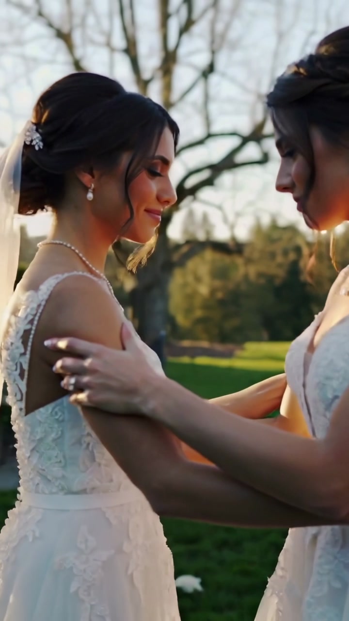 Vertical video: Holding two brides one wrapping arm at waist, adjusting lace lovingly in lawn