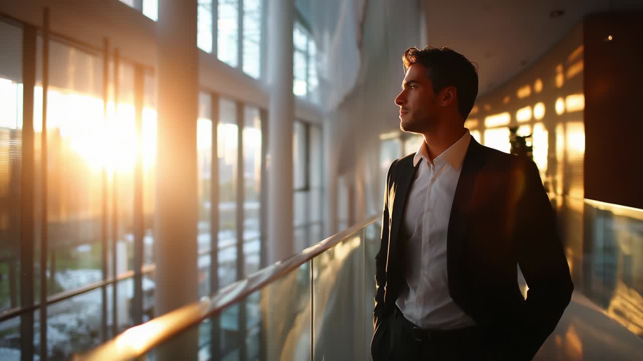 A contemplative man in a suit gazes out at the sunset through large windows, portraying a sense of calm and reflection as natural light streams into a modern architectural space