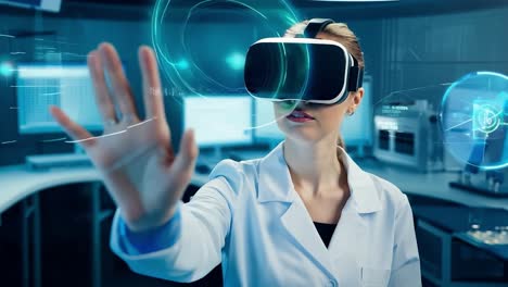 female scientist wearing virtual reality glasses in a futuristic lab