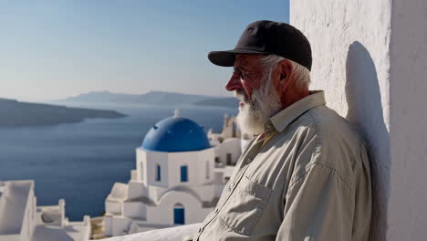 Elderly Man with a Majestic View of Santorini