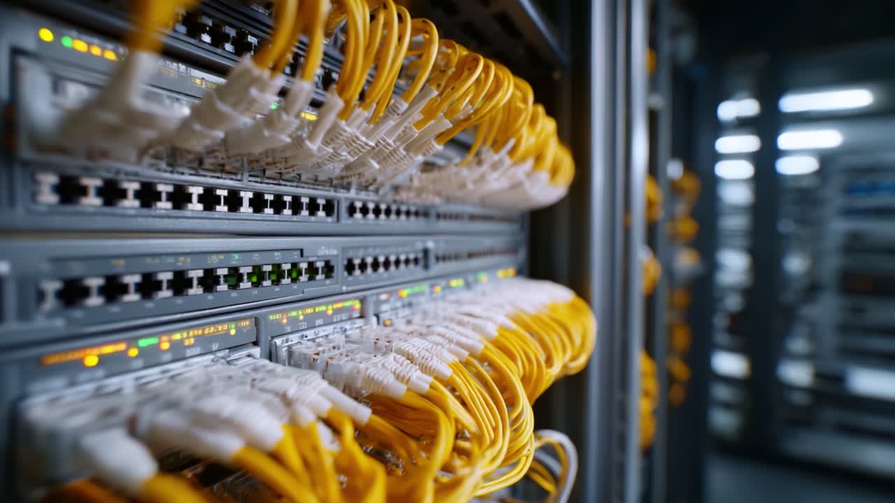 Close-up View of Network Switch with Yellow Ethernet Cables Capturing Data Transmission in a Modern Data Center Setting for Enhanced Connectivity and Performance
