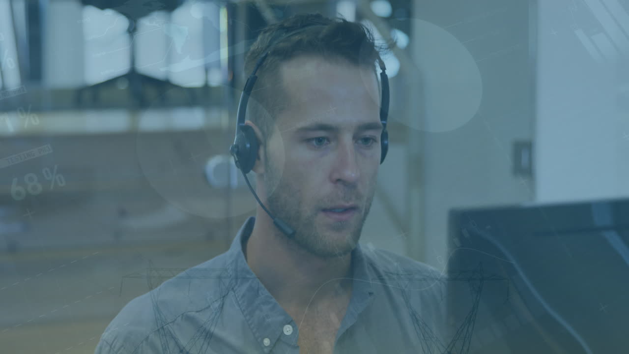 Animation of data processing over caucasian businessman using phone headset in office