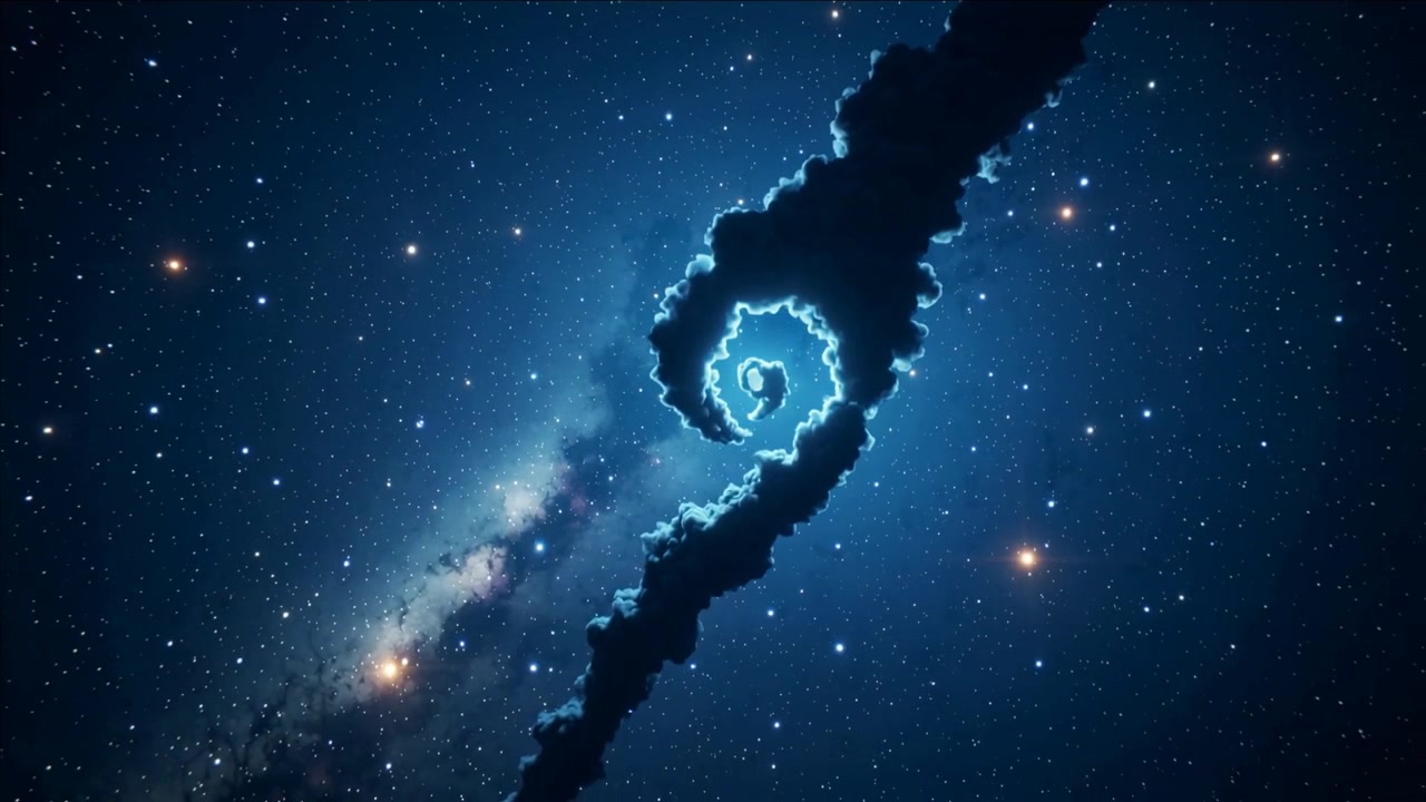 Curling dark nebular filament forming spiral after edge brightening in deep space, with Milky Way