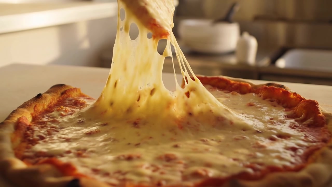 Primo piano dal basso di una fetta di pizza al formaggio sollevata da una pizza intera con una spatola di metallo, mostrando evidenti fili di mozzarella che si allungano tra il pezzo sollevato e la pizza rimanente nella calda luce della cucina.