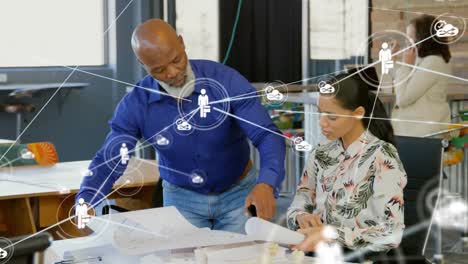 Animation of network of connections over diverse business people in office