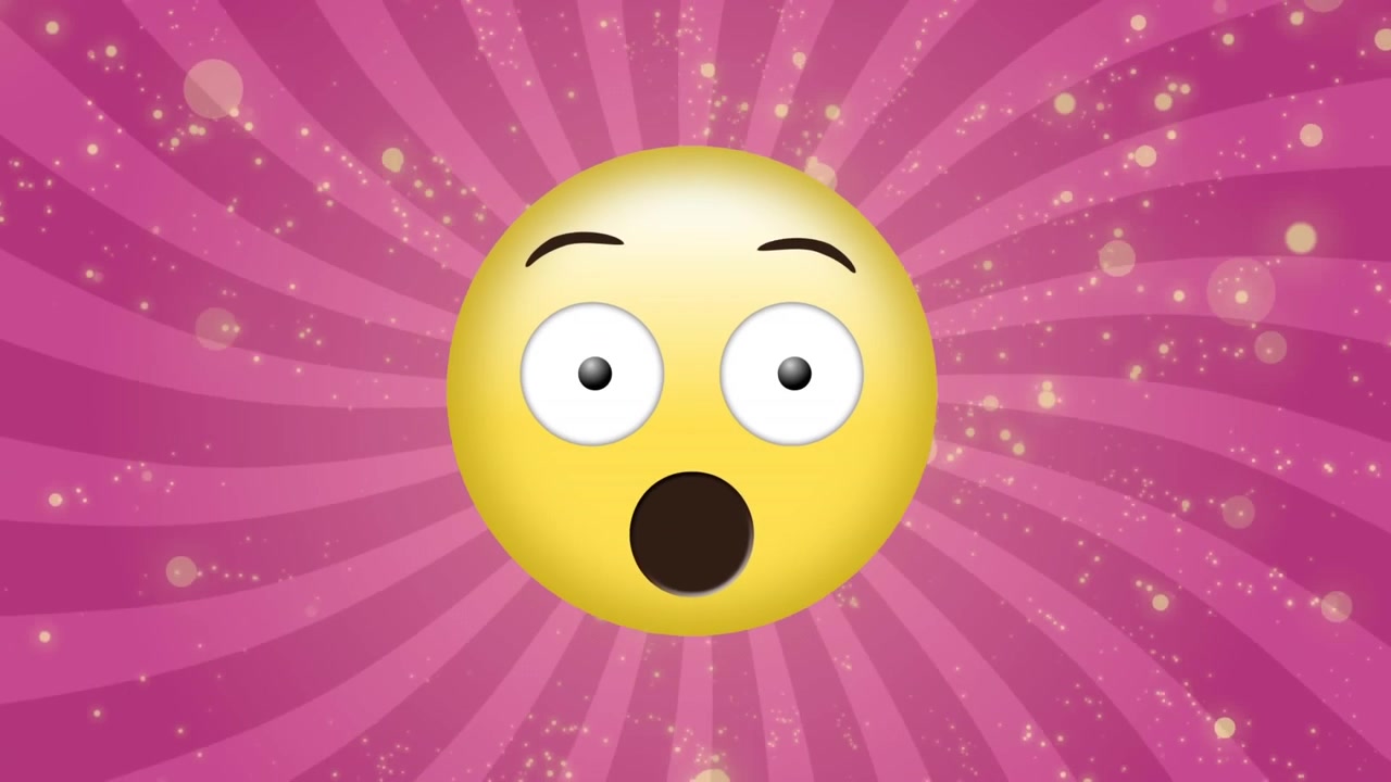 Animation of yellow spots over surprised face emoji against purple radial background