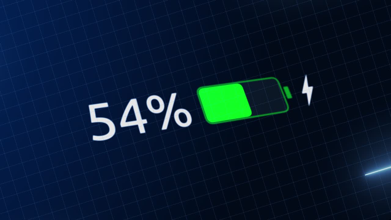Floating battery on the digital grid graphic animation are being fully charged electric discharge or