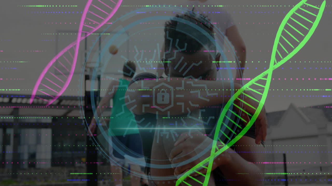 DNA strands and digital security animation over people playing basketball outdoors