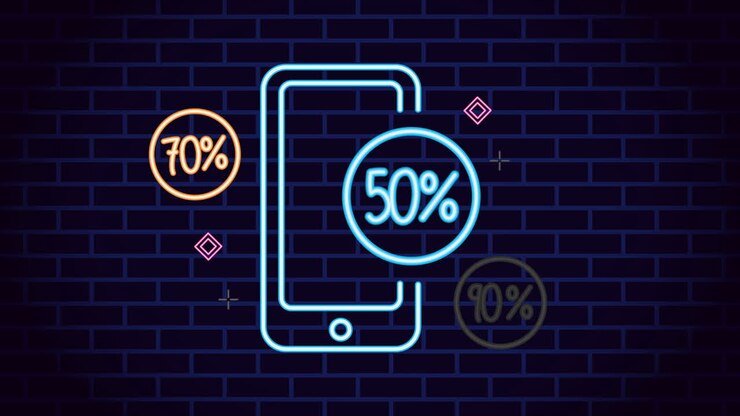 etichetta luminosa al neon commerciale con smartphone