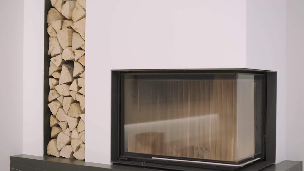 유리 문과 인접한 쌓인 연료를 가진 우아한 현대적인 벽난로, 현대적인 주거 공간에서 기능성과 디자인을 결합합니다.