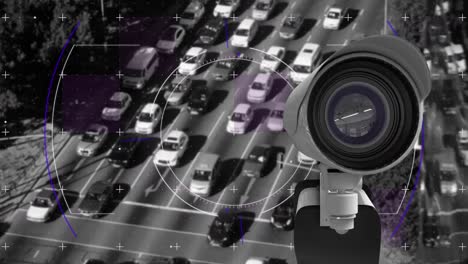 Animation-of-viewfinder-and-security-camera-over-road-traffic