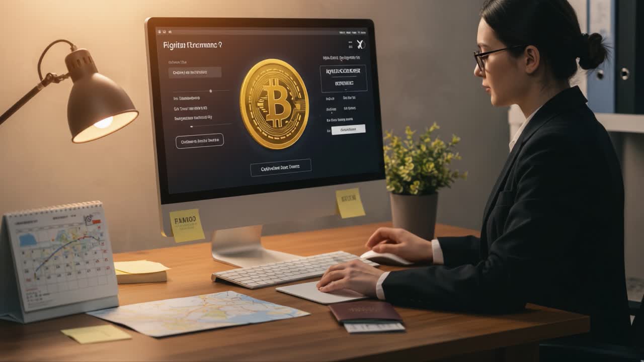 A Business Professional Engaged in Cryptocurrency Analysis on a Computer, Featuring Bitcoin Displayed on the Screen, in a Modern Office Setting with Organizational Elements