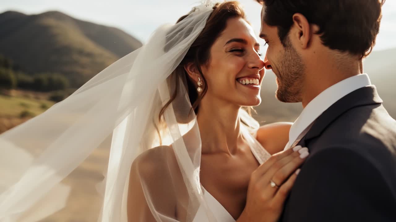Fermo immagine romantico in primo piano di una coppia gioiosa che si abbraccia, ripreso all'altezza degli occhi, con messa a fuoco morbida.