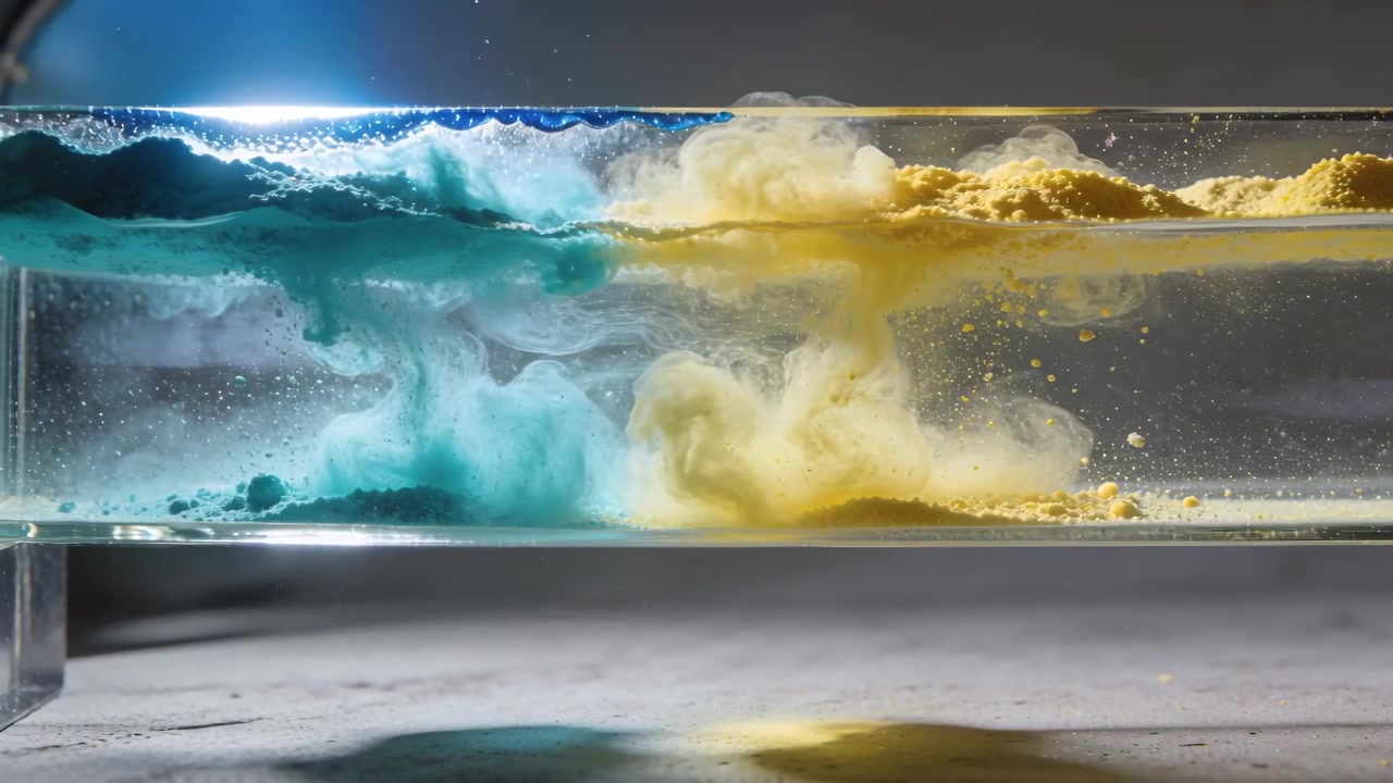 Rilascio sulla superficie dell'acqua, pennacchi color ottanio e giallo che affondano e si aprono in una vasca da studio, mostrando la miscelazione