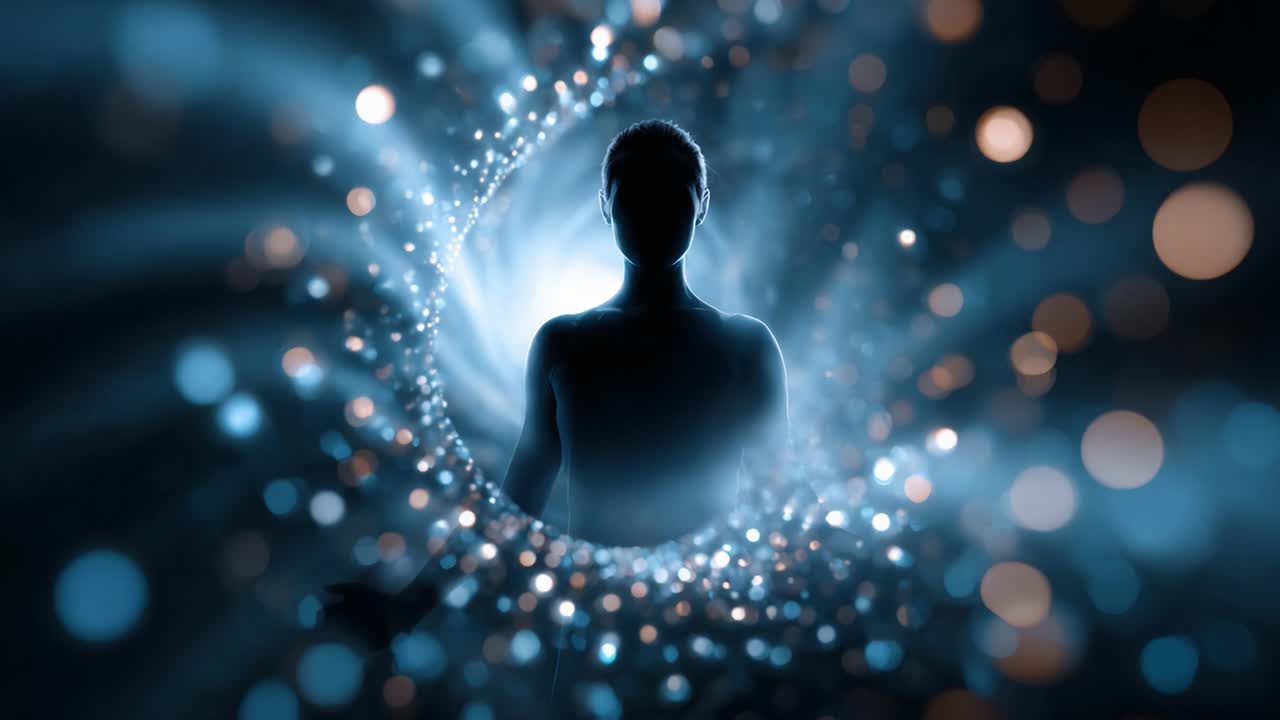 A Mystical Journey Through Light and Shadow: The Transformation of Human Existence Captured in an Ethereal Scene of Cosmic Whirl and Radiant Energy