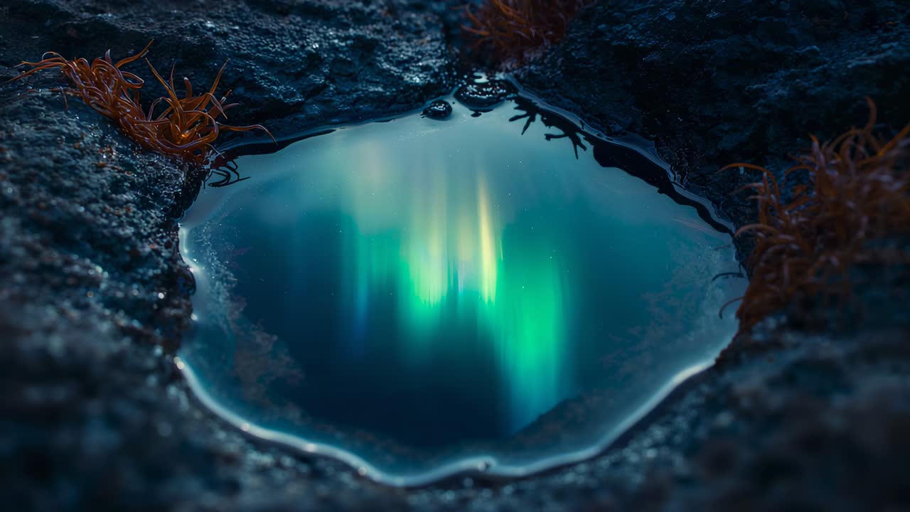 Reflecting tide pool reacting to bubble hitting rock rim at night, seaweed framing aurora bands