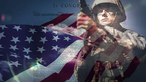 animación de un documento sobre la bandera de los estados unidos y un soldado caucásico