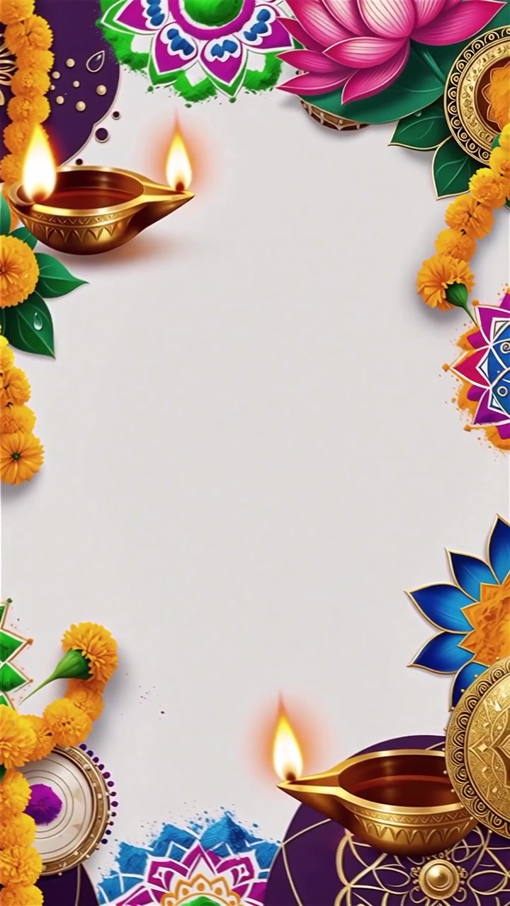 Sfondo Diwali con Diyas luminosi, Rangoli e fiori di loto