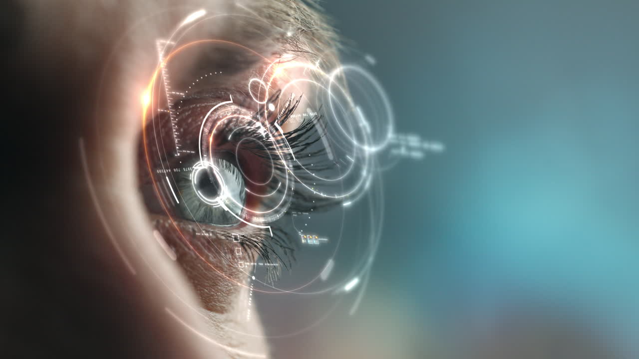 A detailed close-up of the human retina illuminated by a holographic display, projecting real-time data and interactive visual elements.