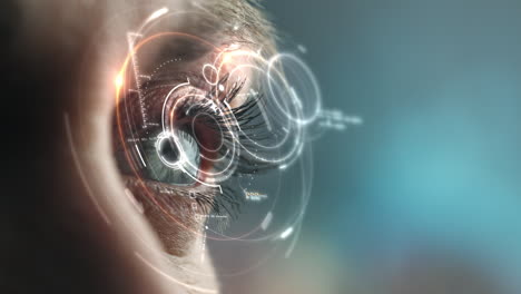 a detailed close-up of the human retina illuminated by a holographic display, projecting real-time data and interactive visual elements.