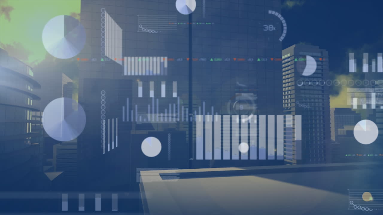 Animation of data processing over cityscape