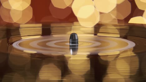 rotating black vinyl turntable on red background bokeh flashing bright lights. vinyl record player for listening music. golden christmas lights. loop. macro. popular disco trends 70s, 80s, 90s