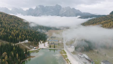 beautiful tilting aerial view over lake misurina, also known as the pearl of cadore in the south tyrolean dolomites