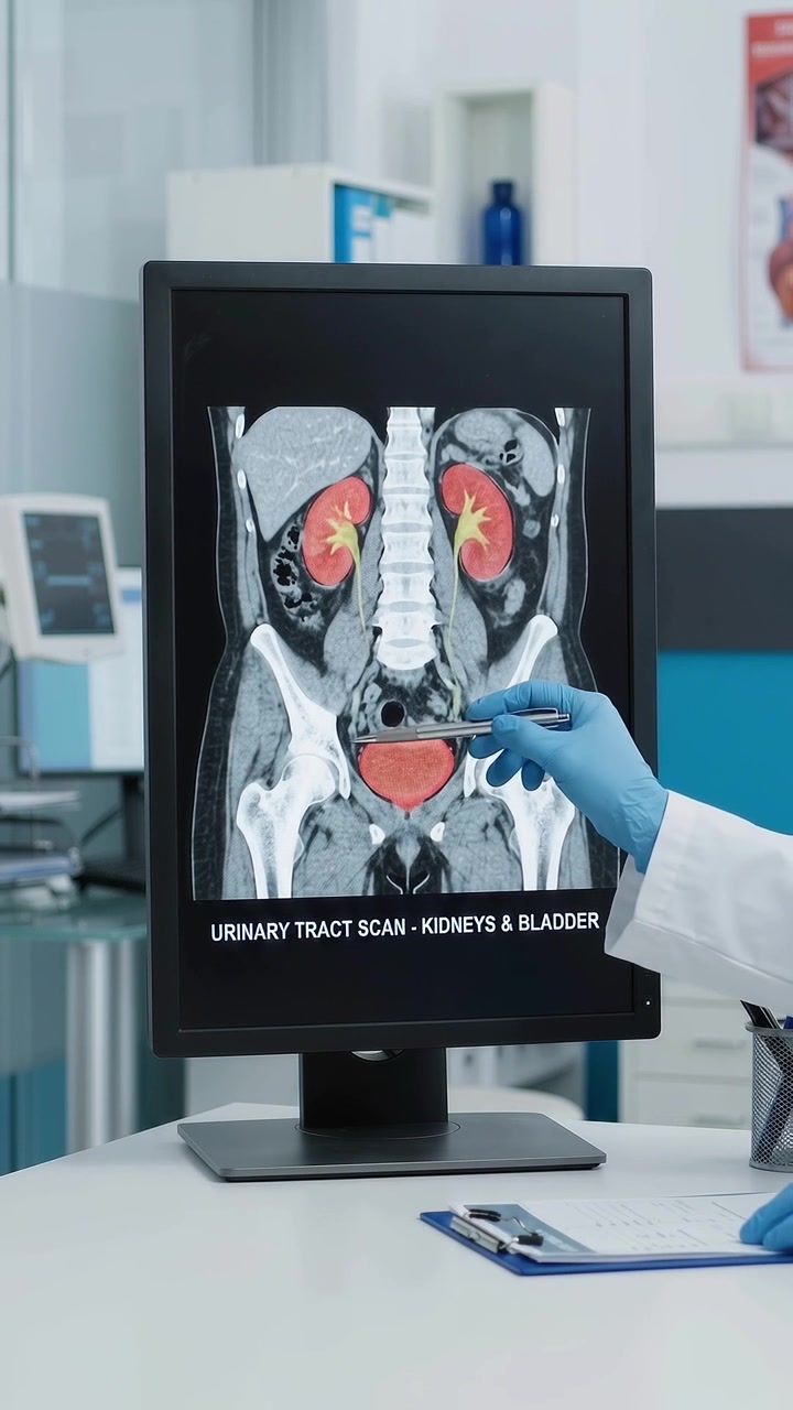 Doctor Analyzing Urinary Tract Scan on Computer Monitor
