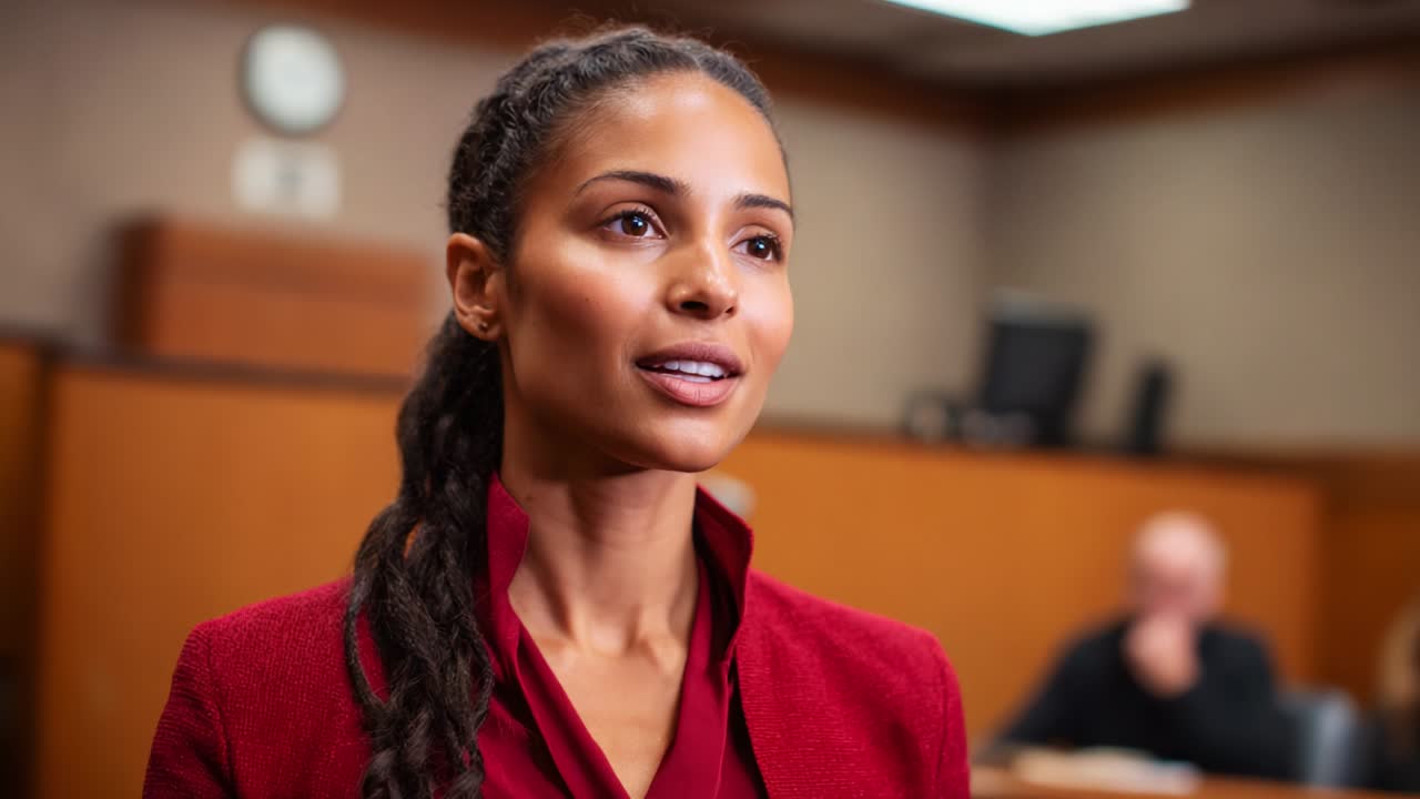 A confident woman stands in a courtroom setting, showcasing her poise and determination as she prepares to address the legal matters at hand, embodying professionalism and focus during the proceedings