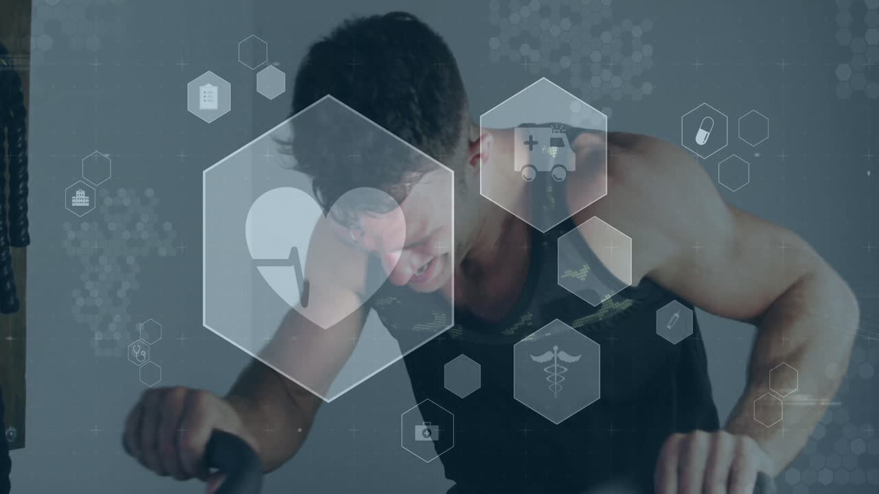 animación de iconos médicos y de salud sobre un hombre caucásico haciendo ejercicio en el gimnasio