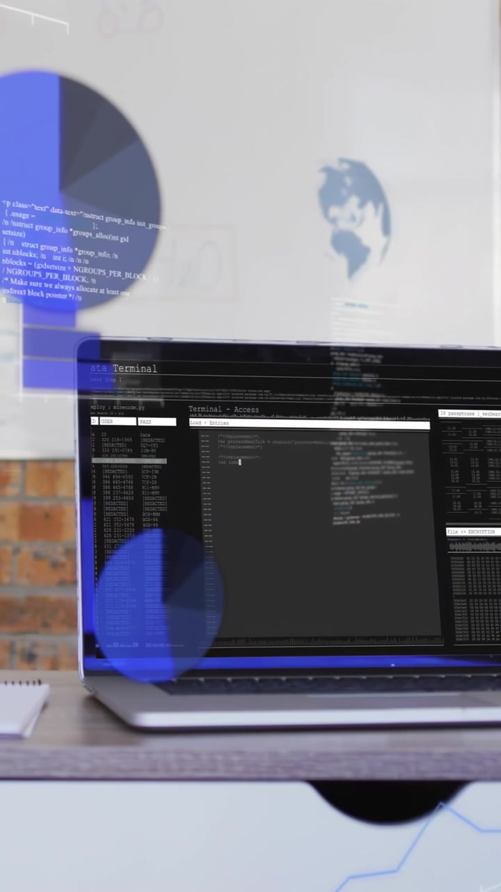 Vertical video: Laptop opening, HUD charts sliding across desk and board visualizing console output