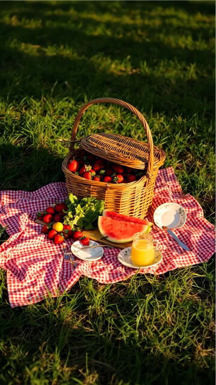 Picnic basket with strawberries and watermelon on grass