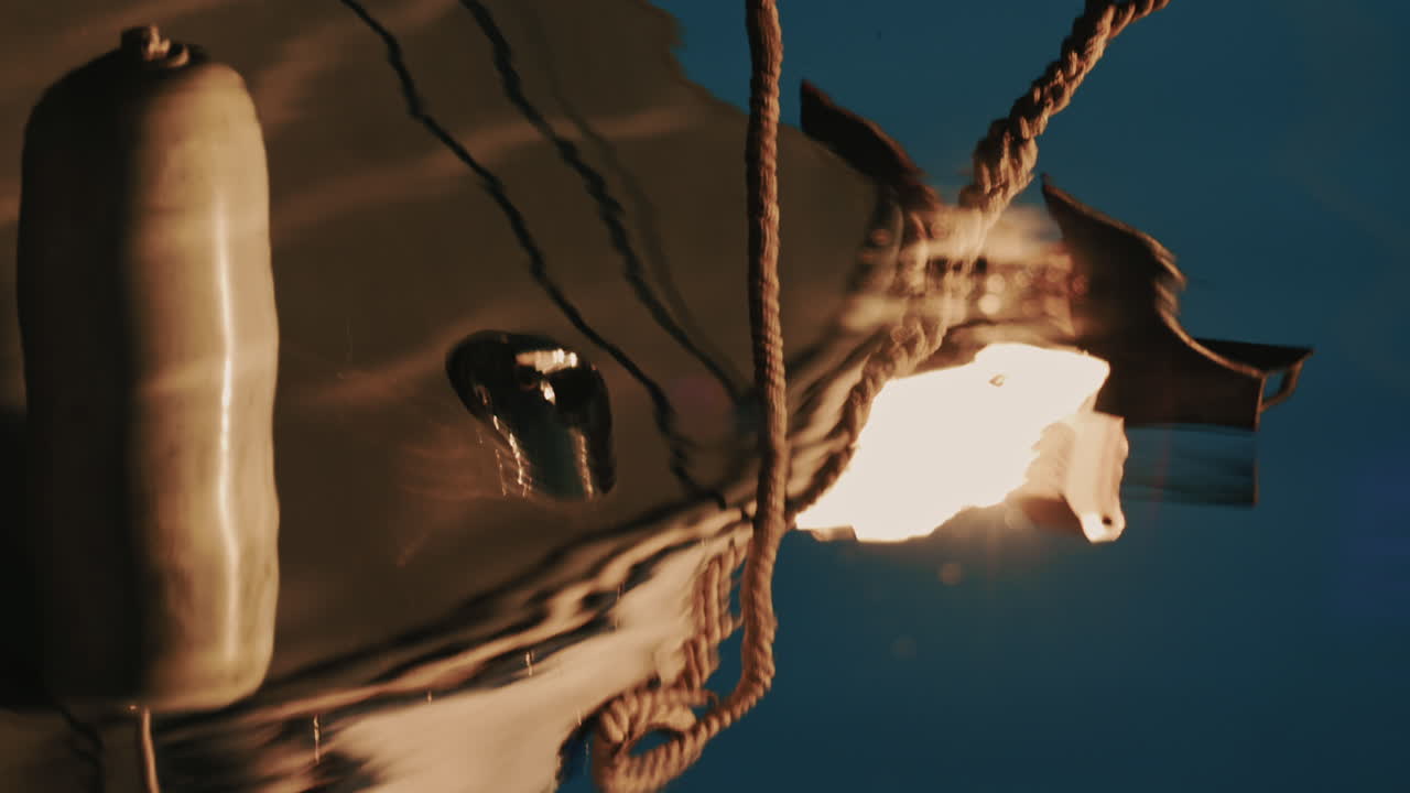 Close de uma luz de barco refletindo na água levemente ondulada em uma marina na Riviera Francesa