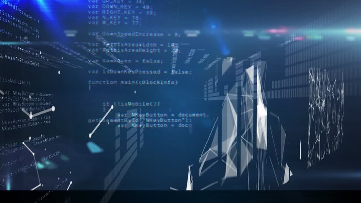 Animation of data processing and light trails over moving columns on black background