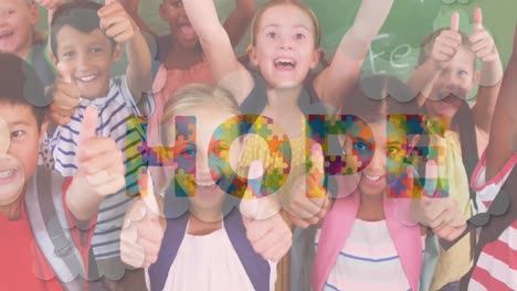 animation of hope text formed with puzzles over school children cheering with thumbs up