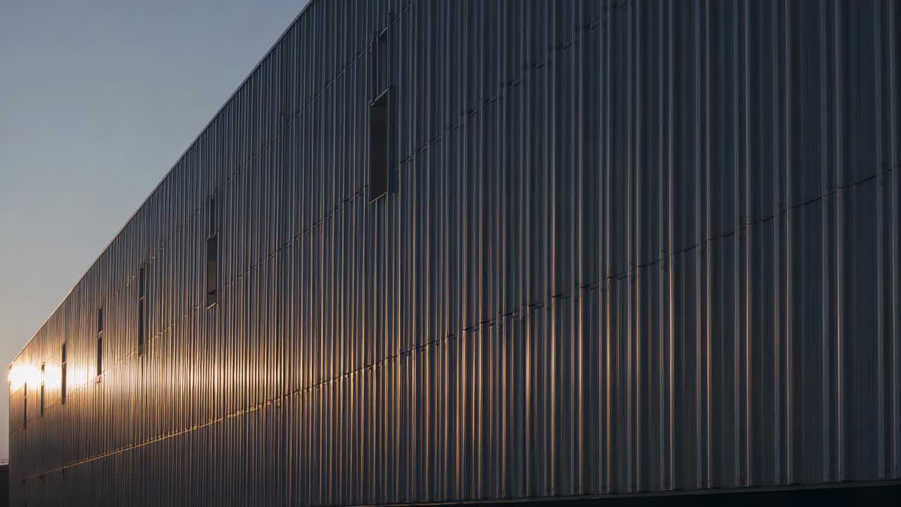 Sol bajo proyectando luz cálida sobre una pared de metal corrugado en un almacén al atardecer, con rejillas de ventilación.