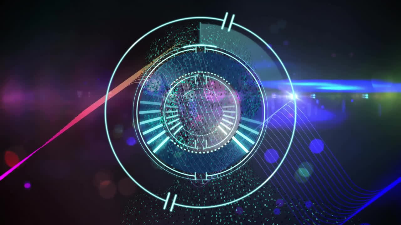 Animation of scope scanning over colourful shapes on black background