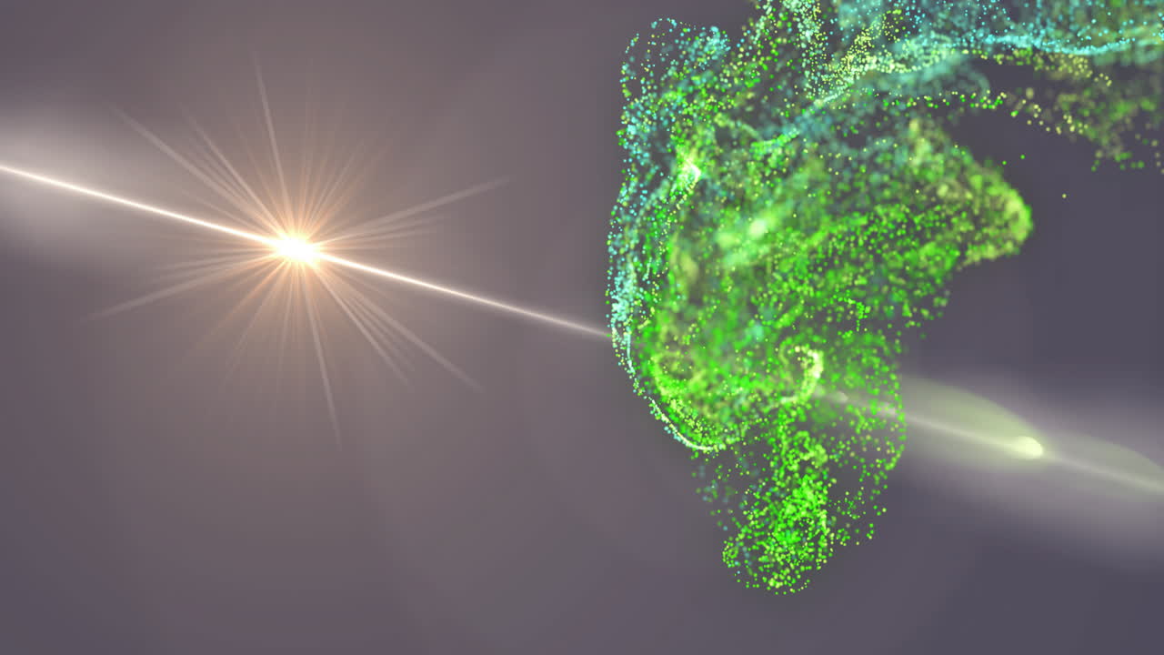 Swirling cluster of green teal particles glowing in gray space, passing beam, creating lens-flare