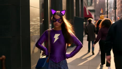 young girl dressed as a superhero with cat ears and a lightning bolt costume on a city street
