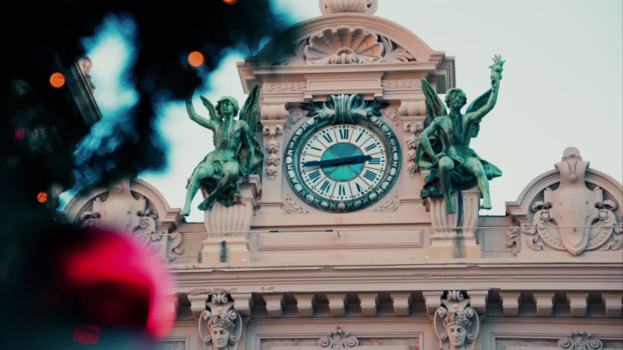 Monte Carlo , Monaco -December 23, 2024: Close up of decorations on a Christmas tree in front of the Monte Carlo Casino