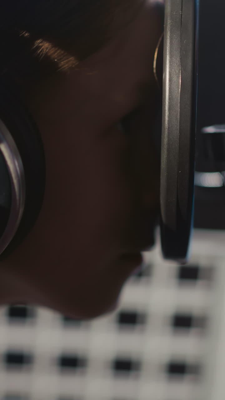 Child looks through microphone filter at record studio. Naughty little girl plays with audio equipment in music center closeup. Kid tired of singing