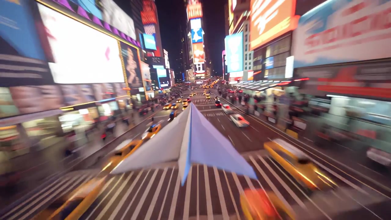 Paper airplane gliding above a busy city avenue at night, with colorful billboards, blurred traffic and crowds creating a fast urban travel and imagination concept