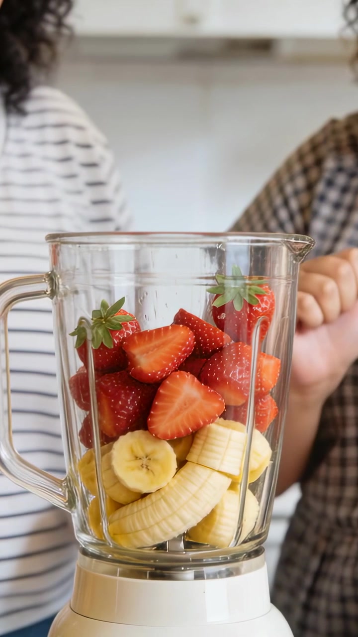Due donne che mettono fragole nel frullatore, riempiendo un composto di banana a strati per un frullato salutare.