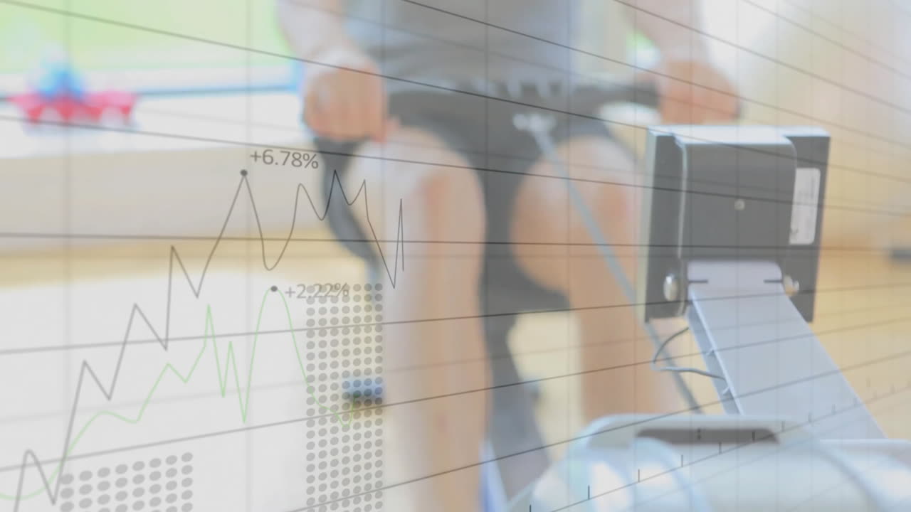 man gripping rowing machine handle while displaying finance chart data showing +6
