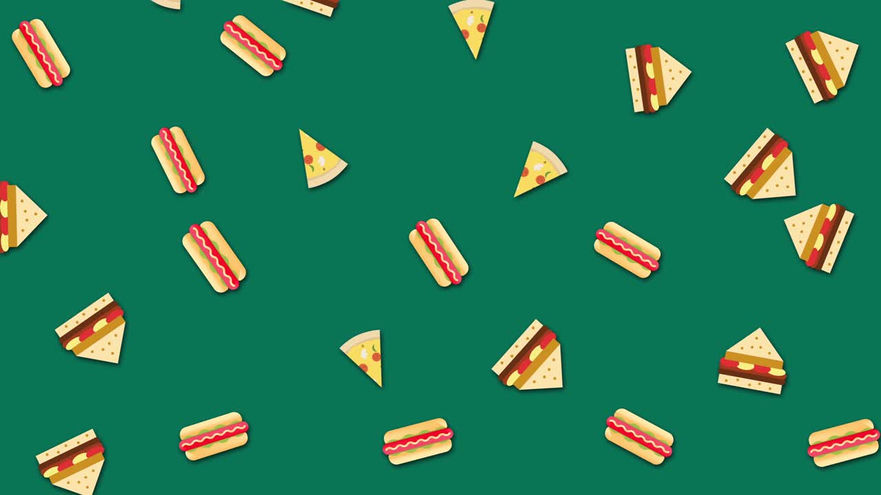 diferentes comidas rápidas volando aisladas en fondo verde, bucle sin costuras. animación. rebanadas de pizza de dibujos animados, perritos calientes y sándwiches balanceándose caóticamente