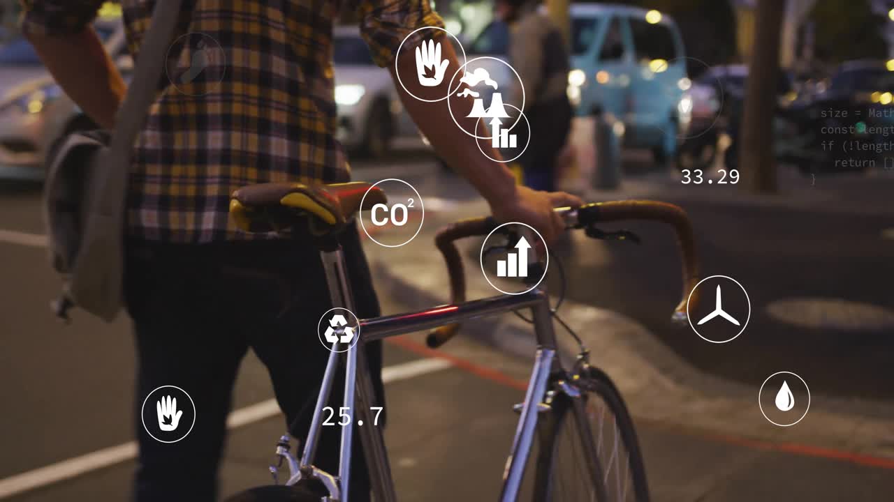 man waiting then pushing bicycle across street while showing floating icons updating eco metrics
