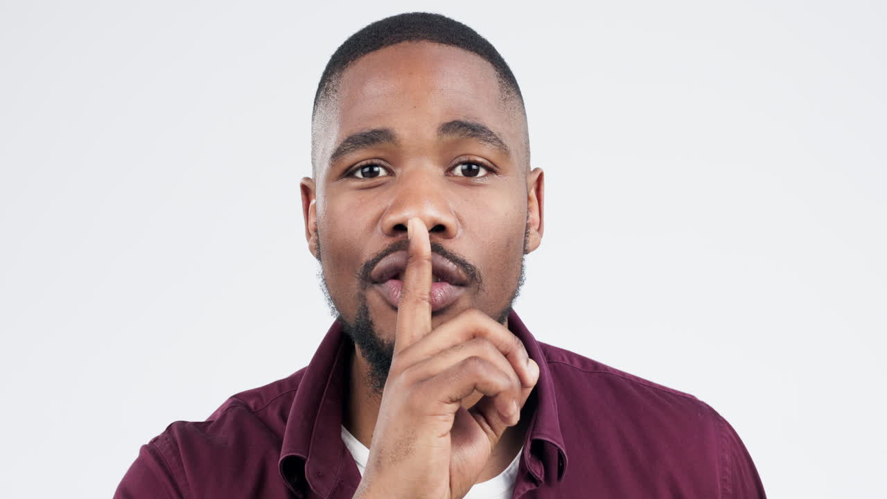 Quiet, secret and face of black man with a gesture