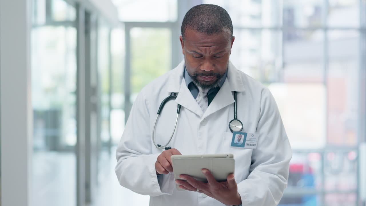 Tablet, black man and doctor typing digital