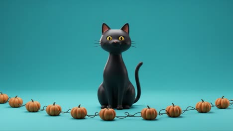 an adorable black cat surrounded by playful pumpkins, capturing the spirit of fall with its charming expression and festive decor in a bright turquoise setting