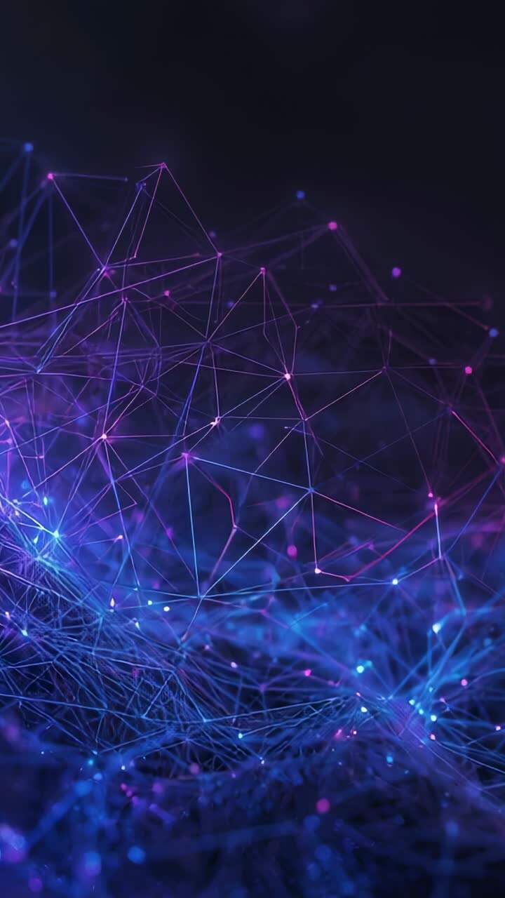 Vertical video: Forming glowing mesh network in dark void at start, pulsing nodes showing data flow